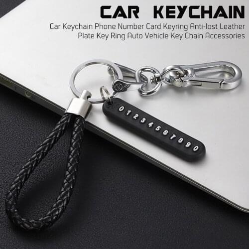 Anti-lost Car Keychain Phone Number Card Keyring Leather Bradied Phone Number Plate Key Ring Auto Vehicle Key Chain Accessories