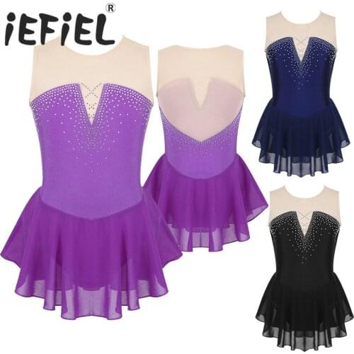 Kids Girls Children Sleeveless Sparkly Inlaid Rhinestone Mesh Splice Skating Ballet Dance Gymnastics Leotard Stage Perform Dress