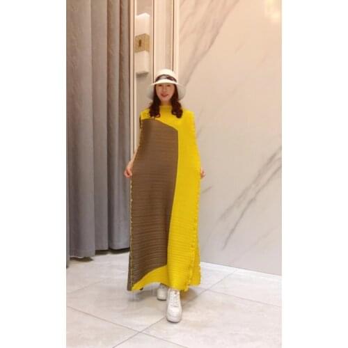 HOT SELLING Miyake fashion Ruffle one-piece dress stand neck patchwork short sleeve loose dress IN STOCK