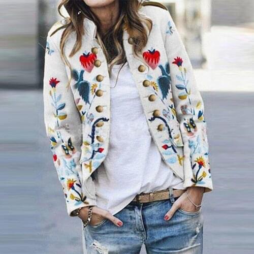 Hirigin Women Jackets Retro Floral Printed Ladies Double Breasted Bomber Outwear Spring Autumn OL Lady Long Sleeve Slim Coats