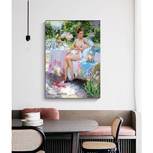 Holover Canvas Oil painting Konstantin Razumov"Fashionable lady and her puppy"Realism Aesthetic Poster Wall Home Decoration
