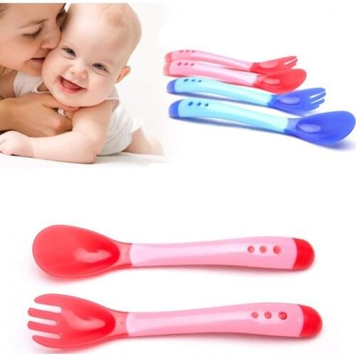2pcs/set Temperature Sensing Spoon+Fork Set Hot Sale Baby Temperature Sensing Spoon+Fork Set Kid Heat Sensing Utensils Baby Trai