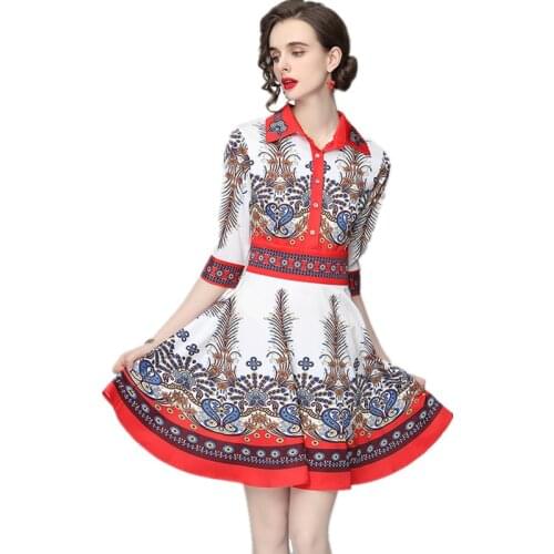 LUKAXSIKAX 2021 New Arrival Spring Summer Women Half Sleeve Slim Mini Dress High Quality Runway Retro Print Shirt Dress