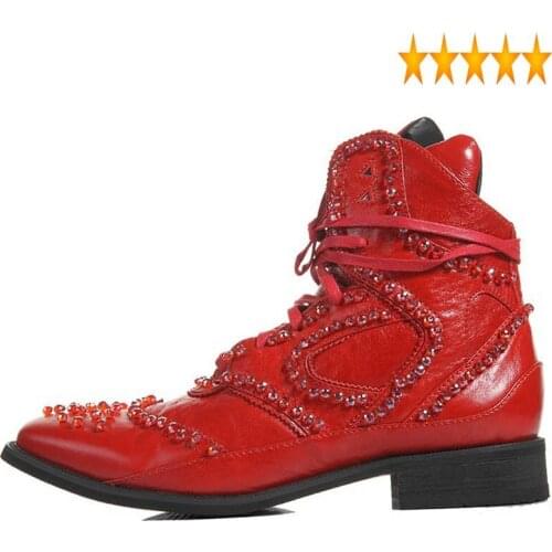 Mens Winter High Top Punk Ankle Gothic Crystal Beads Genuine Leather Shoes Pointed Toe Lace Up Motorcycle Riding Boots