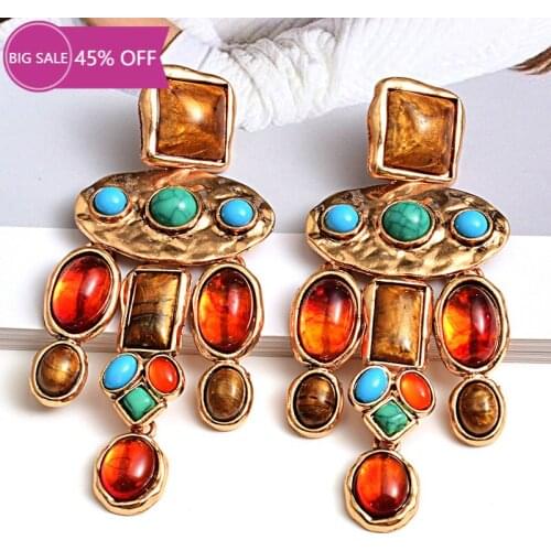 New Vintage Metal Colorful Stone Earrings High-quality Crystal Dangle Long Drop Earring Statement Jewelry Accessories For Women