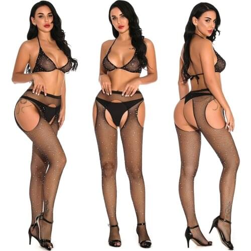 New Women Stocking Solid Thin Mesh Sheer Hollow Out Hot Drilling Netpants Sexy Diamond Strap Female Stockings Underwear