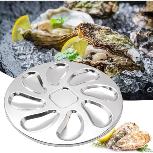 Stainless Steel Oystr Plate 8 Slots Oyster Serving Grilling Plate Pan for Oysters Sauce Lemons Seafood Tray Home Restaurant Dish