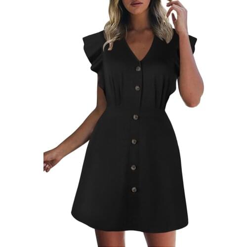 2021 Summer New Lotus Leaf Sleeve Button V-neck Pleated Cool Solid Color Mid-short Dress