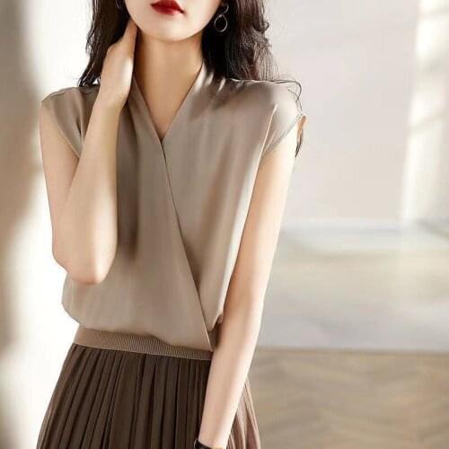 Workplace Three-dimensional Tailoring 19mm Stretch Satin Natural Mulberry Silk Overlap Small Top V-neck Loose Inside