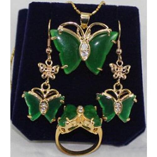 Free Shipping BEAUTFUL GREEN jade BUTTERFLY EARRINGS RINIG NECKLACE SETS Fashion Wedding Party Jewellery