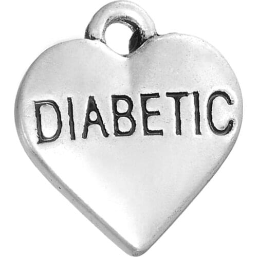 Skyrim DIY Necklace&Bracelet Jewelry Accessories Craft Engraved DIABETIC Heart Word Charm Floating Pendants Charms 20Pcs