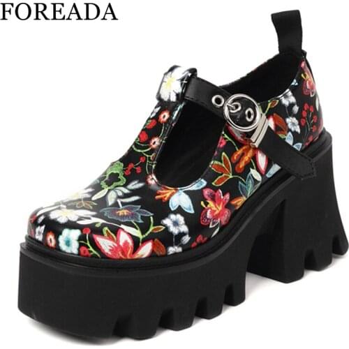 FOREADA T-tied Gothic Shoes PU Leather Platform Block High Heels Pumps Round Toe Fashion Buckle Print Female Footwear Autumn 43