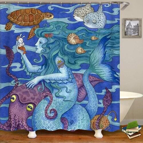 Mermaid and Octopus Fall in Love Bath Curtain Waterproof Mildew Resistant Polyester Fabric Shower Curtain