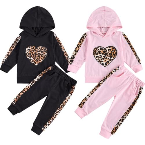 1-5Y Autumn Winter Kid Children Baby Girls Clothes Set Long Sleeve Hooded Heart Sweatshirt Leopard Pants Outfits