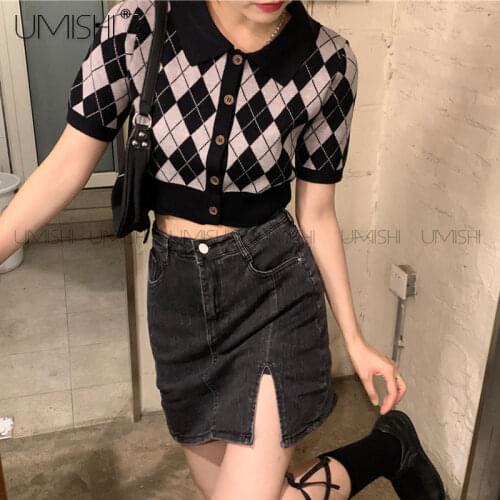 Diamond Plaid Lapel Short Skirt Women Set Summer 2021 Knit Short Sleeve Top+Split Denim Skirt Korean Vintage Fashion 2-Piece Set