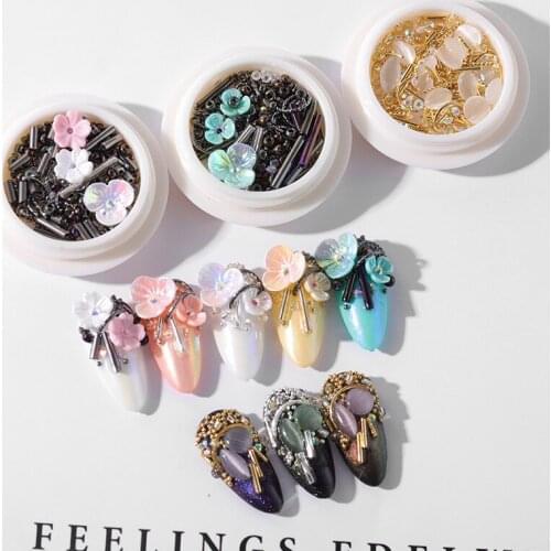 1Box Shell Flower Mixed Steel Ball Rivet Nail Rhinestone Decorations Five/Three-petal Flower Cat-eye Stones Ornament Accessories