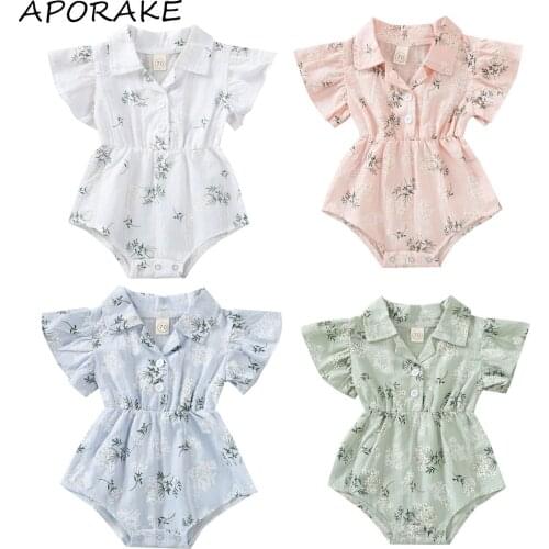 2021 0-24M Cute Toddler Baby Girl Romper Short Sleeve Floral Print Button V Neck Shirt Playsuit Summer Outfit 4 Colors