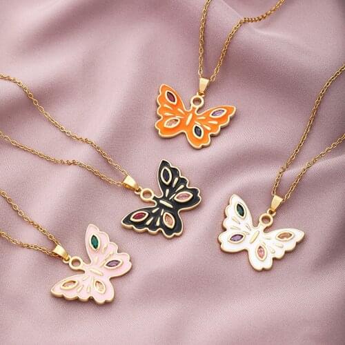 2021 Newest Enamel Butterfly With Zircon Pendant Necklace Titanium Steel Chain for Women Girls High Quality Necklace Jewelry