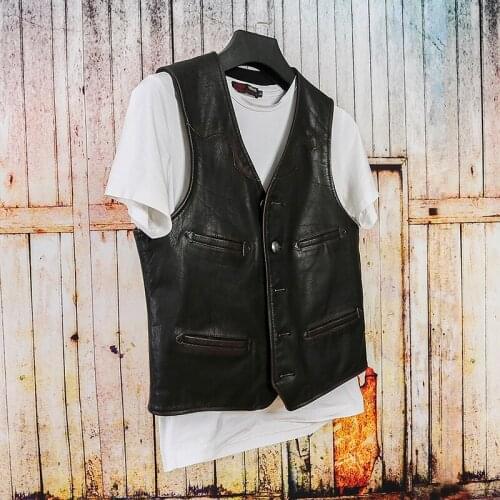 2021 Vintage Black Japan Casual Style Genuine Leather Vest Men Single Breasted Plus Size 6XL Real Natural Cowhide Summer Coat