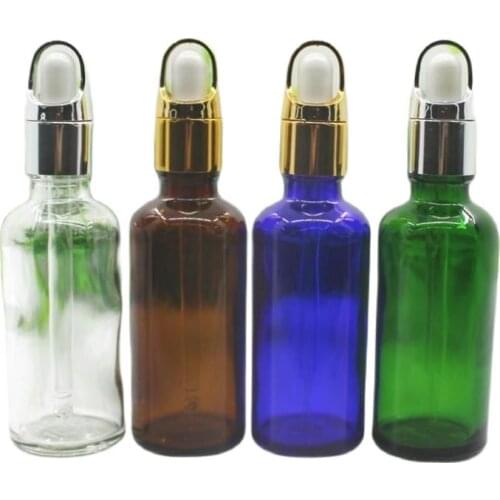 50ml green/blue/brown/clear glass bottle with gold silver basket lid white black bulb essential oil serum liquid skin packing