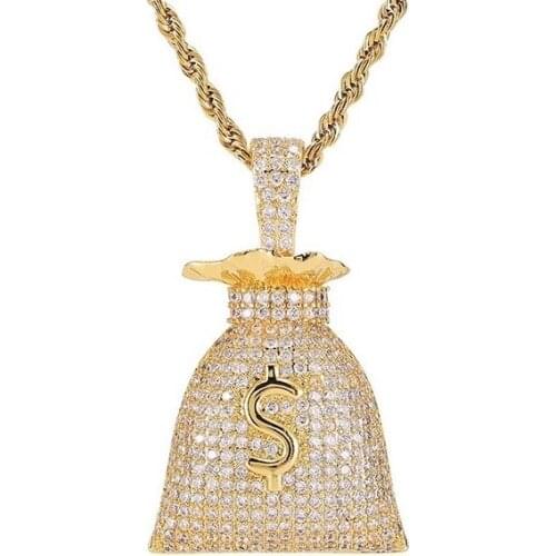 AAAA ZIRCON INLAID HIP-HOP EURO-AMERICAN MONEY BAG dollar sign high-quality pendant necklace neutral copper jewelry hip hip univ