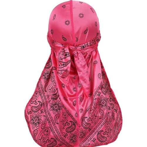 Unisex Durag Print Long Tail Bandanna Turban Hat Lacing Silky Headwrap Elastic Satin Headwear