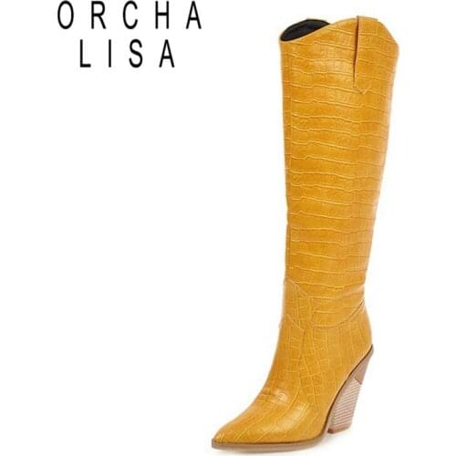 ORCHA LISA Black Yellow White Knee High Boots Western Cowboy Boots for Women Long Winter Pointed Toe Booties Pull On Size US17