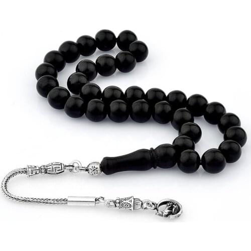 Natural Jet Stone Prayer Bead With Silver Tassel Men Rosary Islamic Tasbih With Wolf Tassel Made in Turkey 925 Sterling Silver