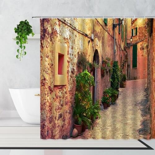 Retro Hutong Scenery Shower Curtain Flower Street Pastoral Style Home Decor Background Cloth Waterproof Bath Curtains With Hook