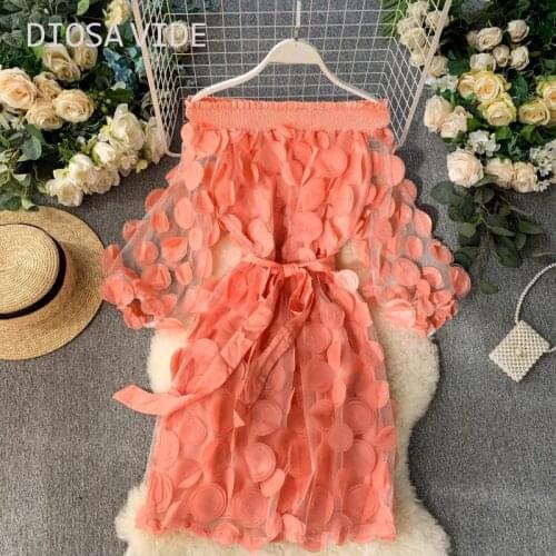 Long summer Fashion Three-dimensional Flower Dress One-line Collar Bubble Sleeve Waist Slim Lace Gauze Dress Female 2020