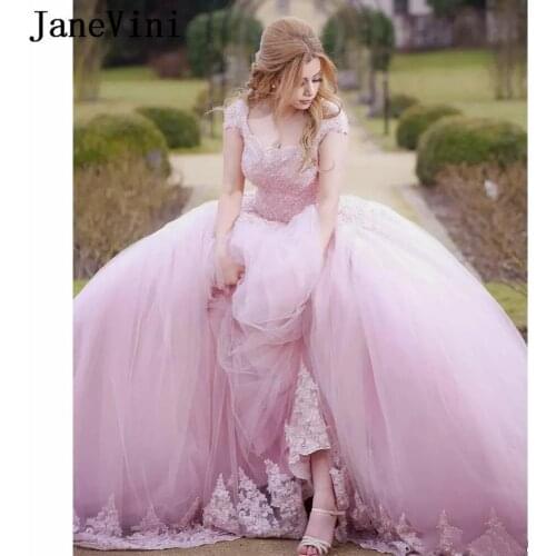 JaneVini Elegant Ball Gown Pink Long Quinceanera Dresses Scoop Neck Appliques Beaded Puffy Tulle Princess Prom Gowns Customize