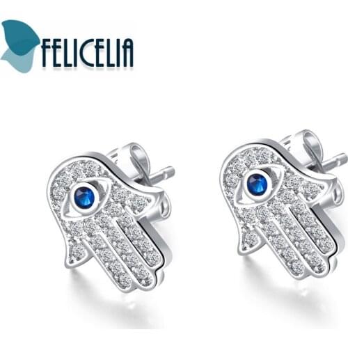 Felicelia Religious Jewelry Hand of Fatima Cubic Zirconia Stud Earrings For Women Girls Silver / Gold Color, F1DE726