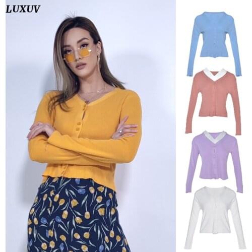 LUXUV Womens Sweaters Cardigan Crop Tops Sweatshirt LIght Knitted Coat Sweater With Throat Long Sleeve Wool Blend Jersey Shirt