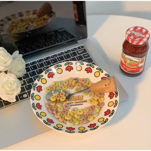 Korean 8-inch Bear Retro Ceramic Plate Flower Lovely Cake Snack Fruit Noodles Western Chinese Childrens Salad Oatmeal Dish