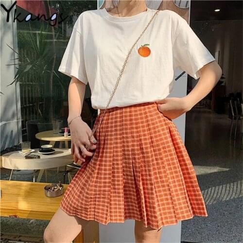 Kawaii Cartoon Print Y2k Short Sleeve T-shirts Summer Harajuku High Waist Plaid Pleated Skirts Korean Fashion Ulzzang Skirt Sets