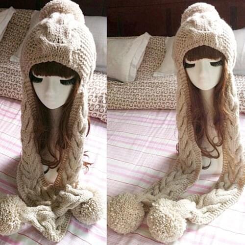 BomHCS Fashion New Designer Womens Thick Cable Handmade Knit Beanie Ear Muff Warm Scarf Hat with Top Ball