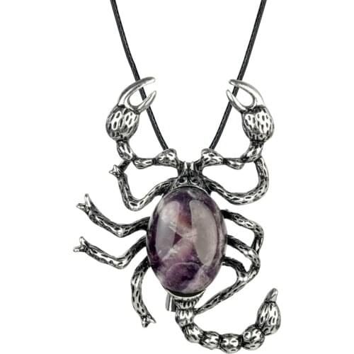 2PCS Mens Scorpion Pendant Necklace 60CM Black Leather Natural Stone Quartz Brooch Chip Pin for Women Girl Birthday Gift
