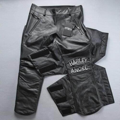 Mens Genuine Leather Profession Motorcycle Biker Trousers Cowskin Protective Gear Velcro Adjustable Elastic Warm Pants