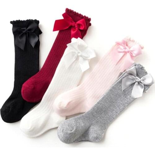1 Pc New Girl Childrens Solid Color Bubble Mouth Soft And Comfortable Baby Bow Lace Vertical Striped Socks And Tube Socks