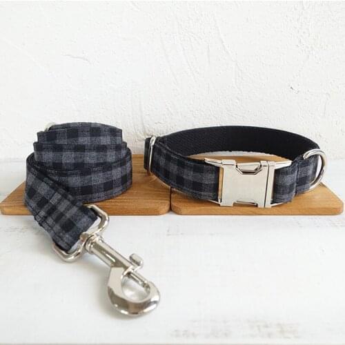 Personalized Black Plaid Dog Collar Leash With Bow Tie Set Nylon Free Engraved Nameplate For Small Medium Large Dogs