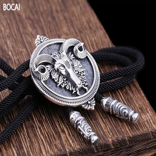 S925 silver sheep head medallion pendant hemp rope necklace, black rope Aries retractable double pendant Man long sweater chain
