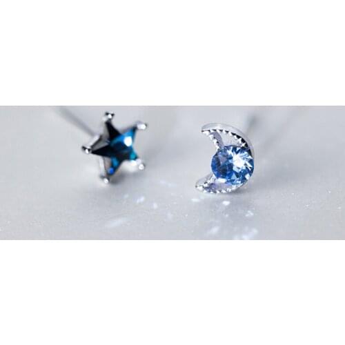 MloveAcc New Fashion Korean Style Temperament Literary 925 Sterling Silver Jewelry Star & Moon Asymmetry Crystal Stud Earrings