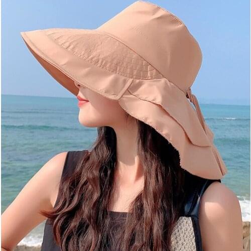 Summer New Womens Caps 13CM Big Brim and Thin Sun-proof Fisherman Hat Shawl Hat with Bow Decoration Outdoor Riding Sun Hat