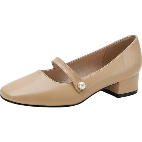 Pumps Women Casual Mary Janes Pearl Handmade Lady Shoes Chunky Heels Square Toe Comfortable Office Elegant Female Shoes