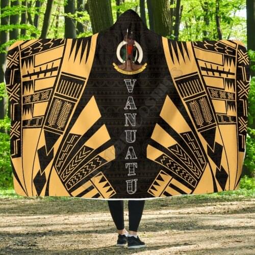 Vanuatu Hooded Blanket Polynesian Tattoo Gold 3D printed Wearable Blanket Adults Kids Various Types Hooded Blanket