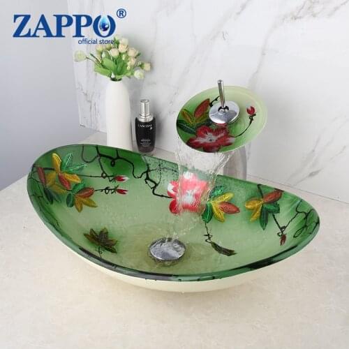 ZAPPO Tempered Glass Gree Waterfall Spout Basin Black Tap Bathroom Sink Washbasin Bath Brass Set Faucet Mixer Chrome Taps