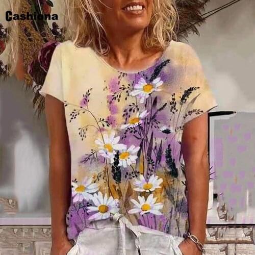 Plus Size 3xl Ladies Elegant Leisure Casual T-shirt Simple Flower Print Tops Loose Women Clothing 2021 Summer Tees shirt Femme