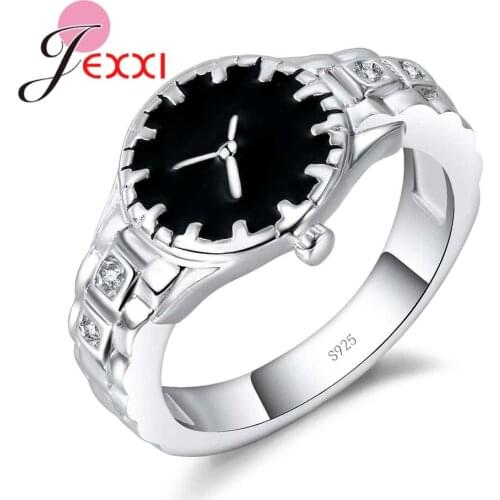 Fashion Micro White Cubic Zirconia Black Watch Finger Rings 925 Sterling Silver Jewelry for Women Engagement & Wedding