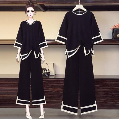 2021 new Autumn Knitted two piece set women fashion office Pullovers Tops And Wide-Leg pant suits plus size tracksuit women sets