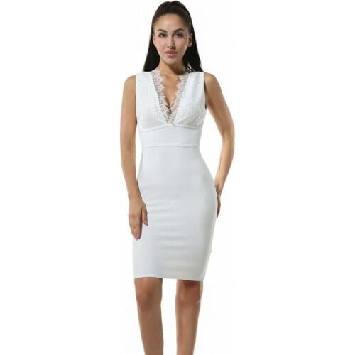 2021 Summer New Women White V Neck Bandage Dress Sexy Sleeveless Knee Length Bodycon Celebrity Runway Club Party Dress Vestidos